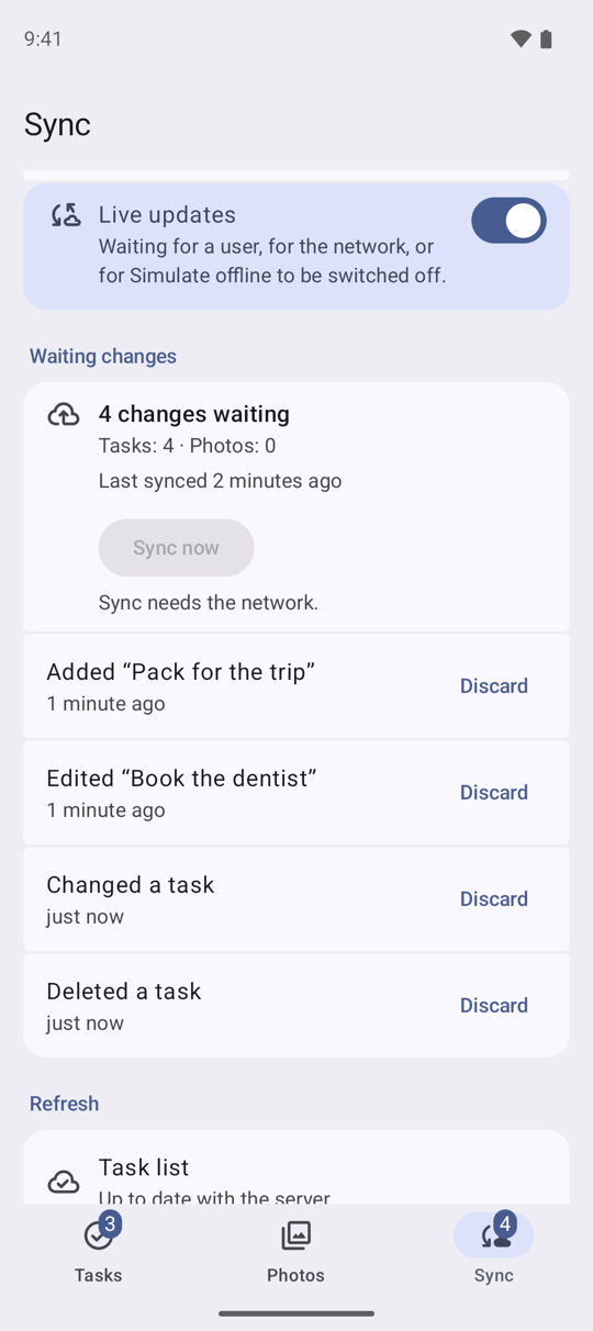 The Sync tab's Waiting changes offline: 4 changes waiting, all to tasks, Sync now switched off because sync needs the network, and each change listed with Discard