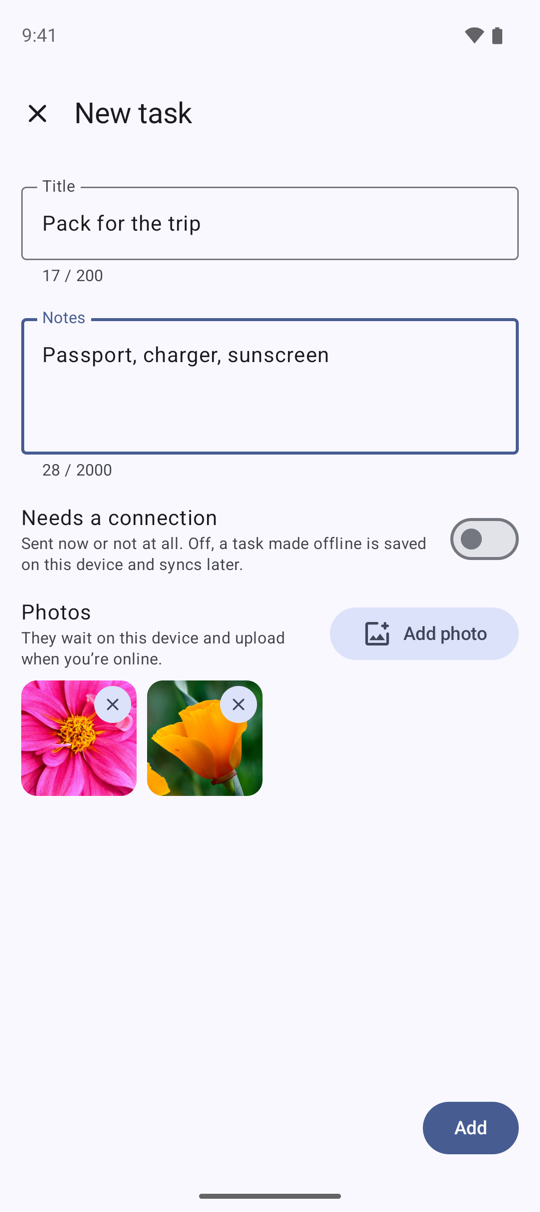 New task with a title, notes and two photos picked, each with a button to take it off, before Add