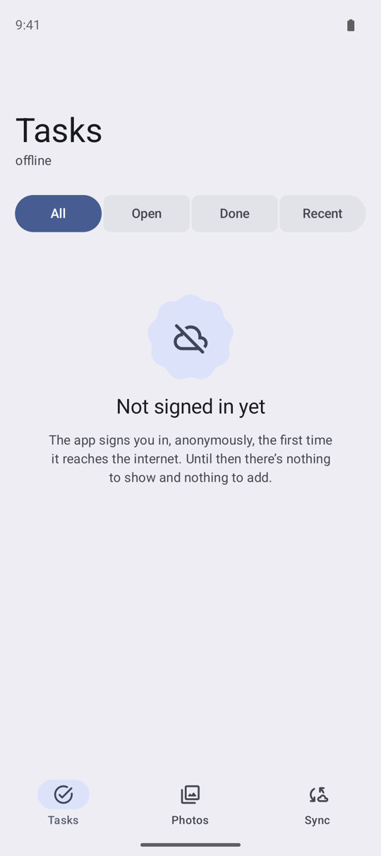 The Tasks tab before the first sign-in, offline: the subtitle says offline, the list says "Not signed in yet", and there is no New task button