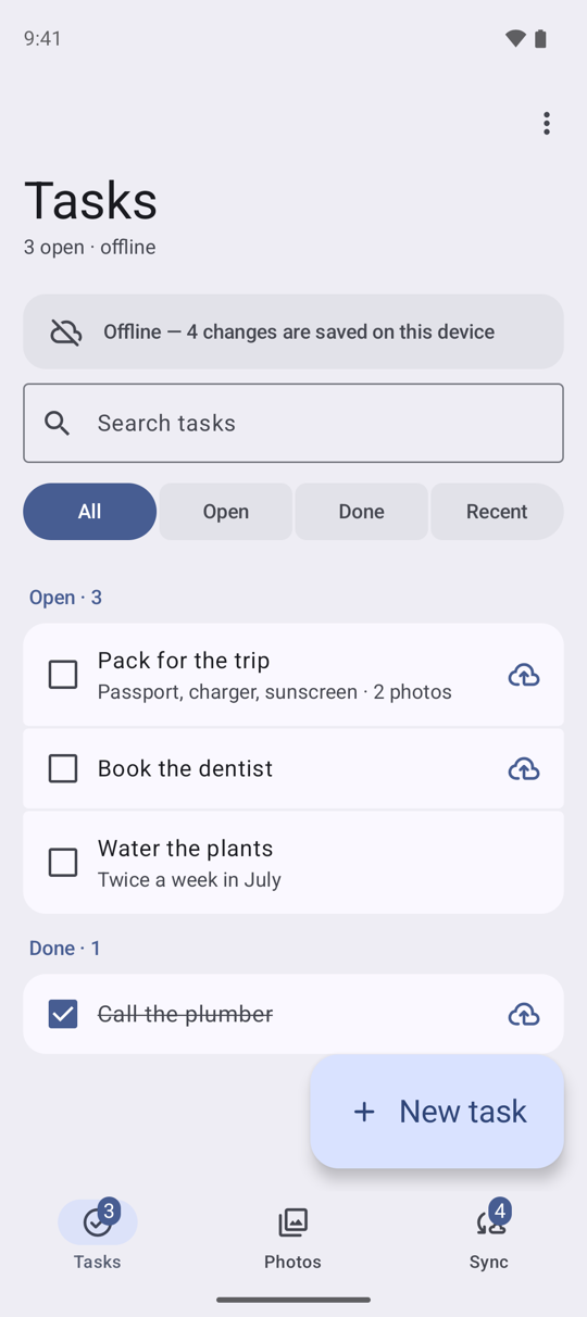The Tasks tab offline: a banner saying 4 changes are saved on this device, and four tasks, three of them with a cloud mark for a change not synced yet, one of those done