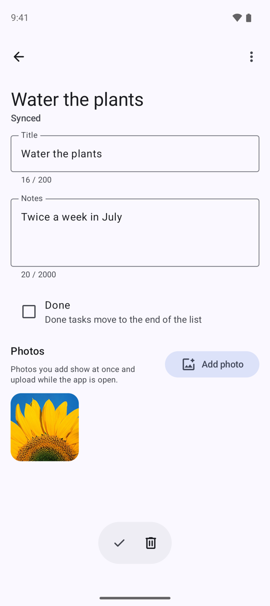 A synced task's detail: the title and notes, the Done box, the Photos section with Add photo and one uploaded photo, and the done and delete buttons at the bottom