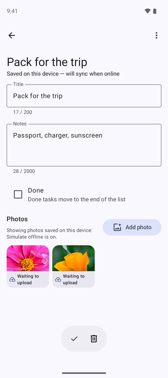 The new task's detail with Simulate offline on: "Saved on this device — will sync when online", and its two photos marked "Waiting to upload"