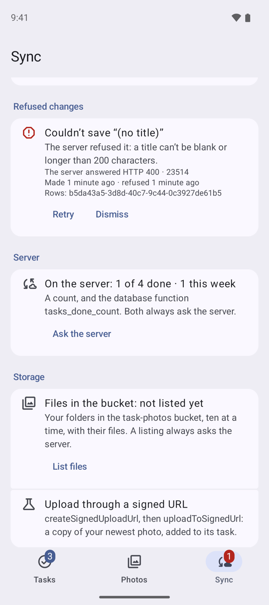 The Sync tab's Refused changes: "Couldn't save "(no title)"", the reason, "The server answered HTTP 400 · 23514", when it was made and refused, Retry and Dismiss; below it the Server section's count