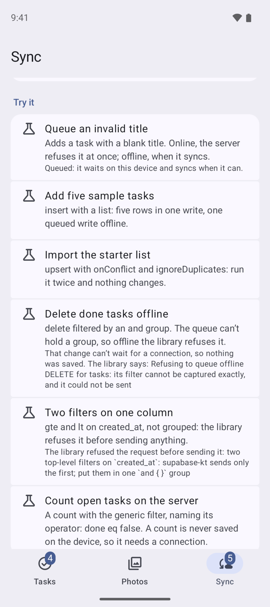 The Sync tab's Try it, after a few items offline: the invalid title queued, the grouped delete refused in the library's own words, and the two filters on one column refused before anything was sent
