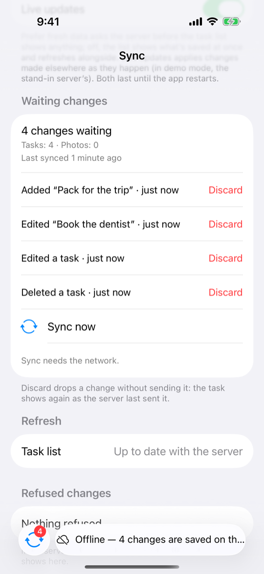 The Sync tab's Waiting changes offline: 4 changes waiting, all to tasks, each with Discard, and Sync now switched off because sync needs the network
