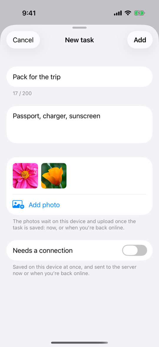 New task with a title, notes and two photos picked, the Add photo button under them, and the Needs a connection switch