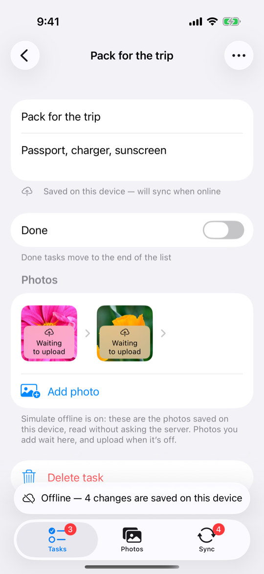 The new task's screen with Simulate offline on: "Saved on this device — will sync when online", its two photos marked "Waiting to upload", and Delete task below