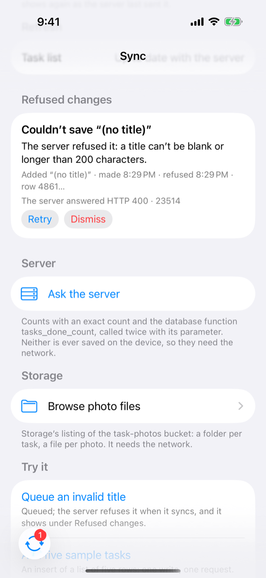 The Sync tab's Refused changes: "Couldn't save "(no title)"", the reason, when it was made and refused, "The server answered HTTP 400 · 23514", Retry and Dismiss; below it the Server and Storage sections