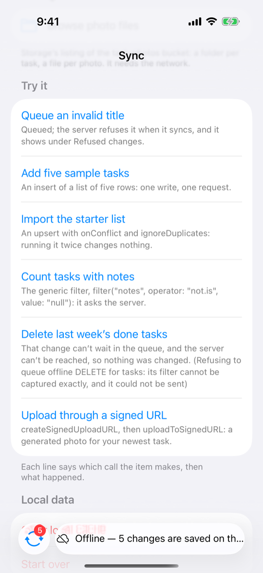 The Sync tab's Try it, offline: the invalid title queued, and the delete of last week's done tasks refused in the library's own words, nothing changed